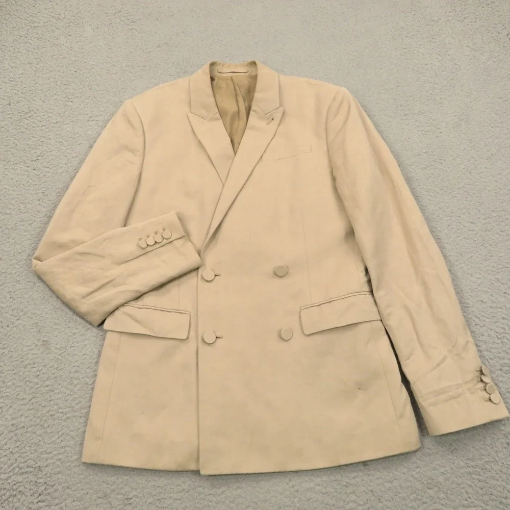 AllSaints Blazer 36R Linen Cotton Double Breasted Surgeon Cuffs Tan Jacket Mens